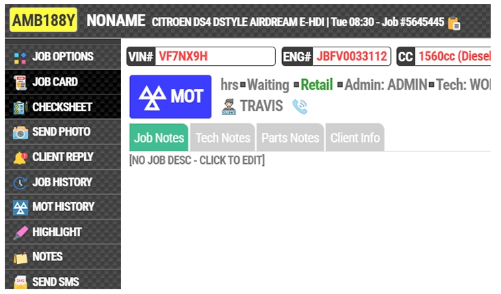 Job Cards & Checksheets in MOT Manager